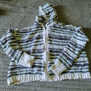 Bethany Mota Women's Crocheted/Knit Sweater Aqua/Gray Long Sleeve Zipper L Hood